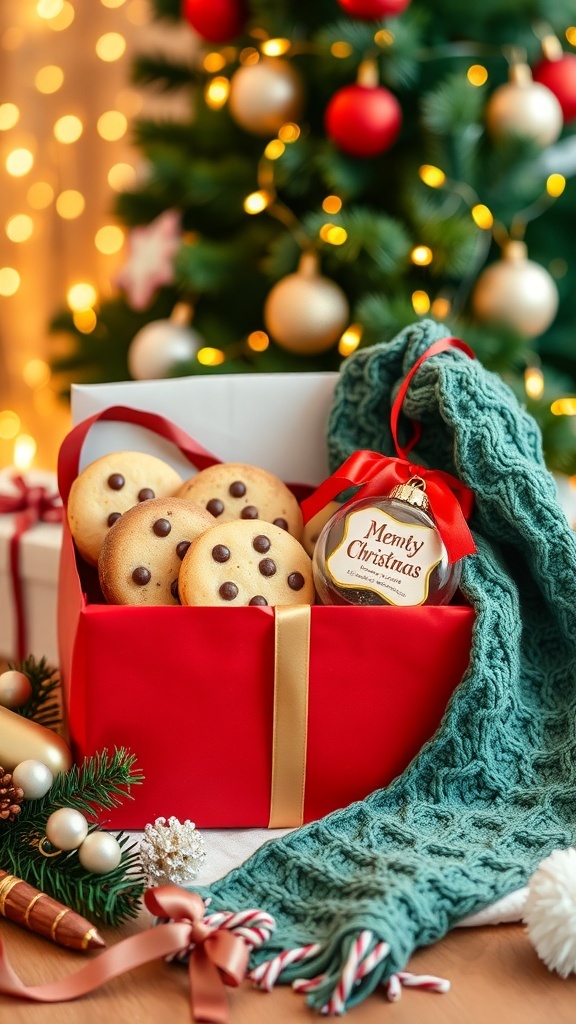 A festive Christmas gift package with cookies, a scarf, and an ornament, wrapped in red and green with a gold ribbon.